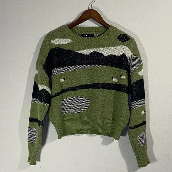 Shein Women's Abstract Graphic Print Sweater Sz L Military Green Casual Cute - Picture 1 of 7